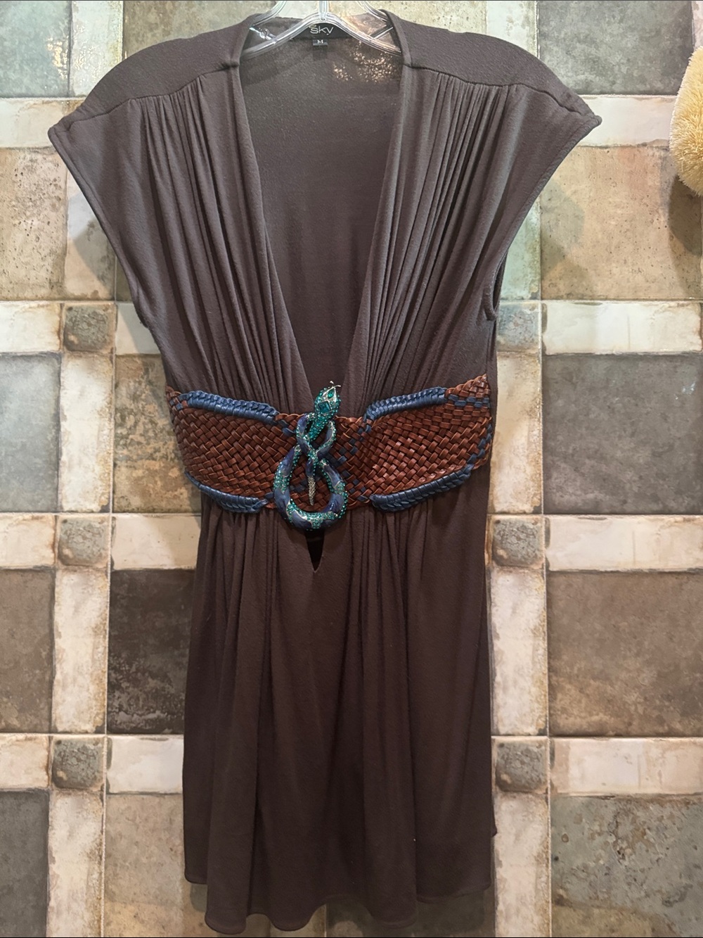 Sky Brown Top with Braided Belt and Teal Jeweled Snake Metal Accent